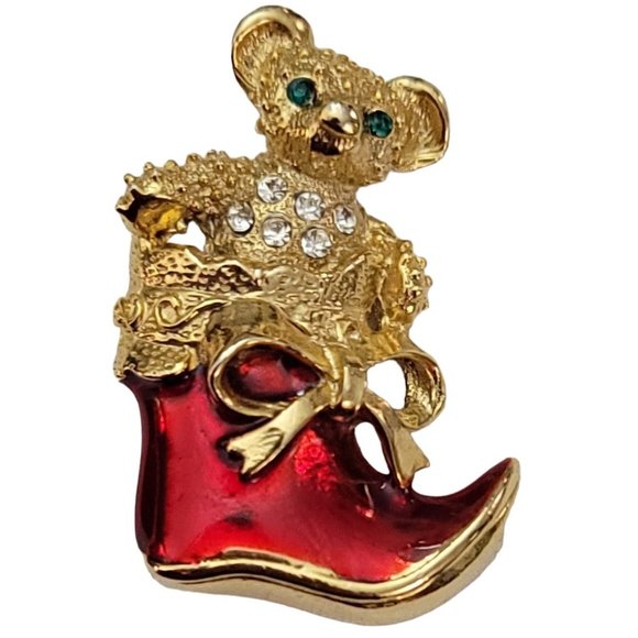 Avante Gold Tone Enamel Rhinestone Bear In Christmas Stocking Brooch Signed K823 - Picture 1 of 8